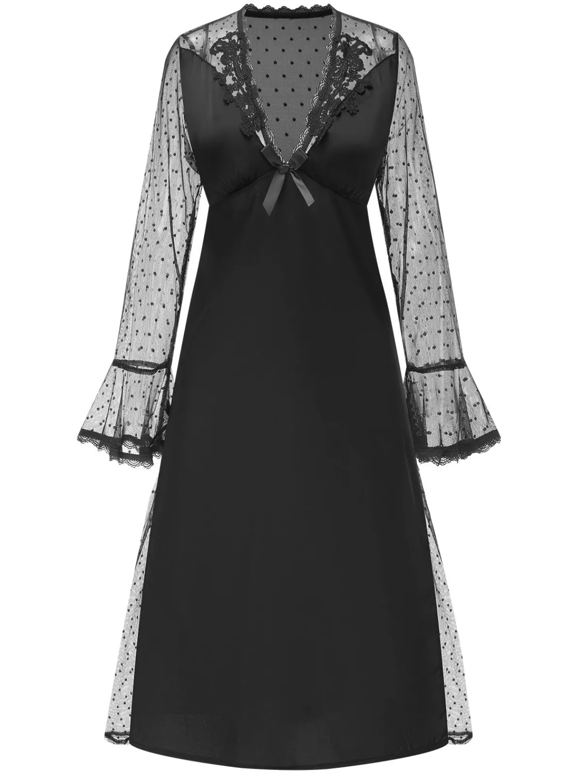 New Retro Stage 1950s Dots Sheer Sleeves Deep V-Neck Nightgown