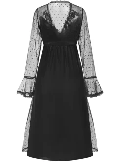 New Retro Stage 1950s Dots Sheer Sleeves Deep V-Neck Nightgown