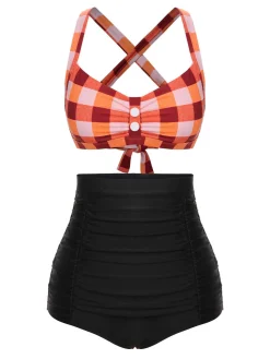 New Retro Stage 1950s Double Strap Buttoned Plaids Swimsuit