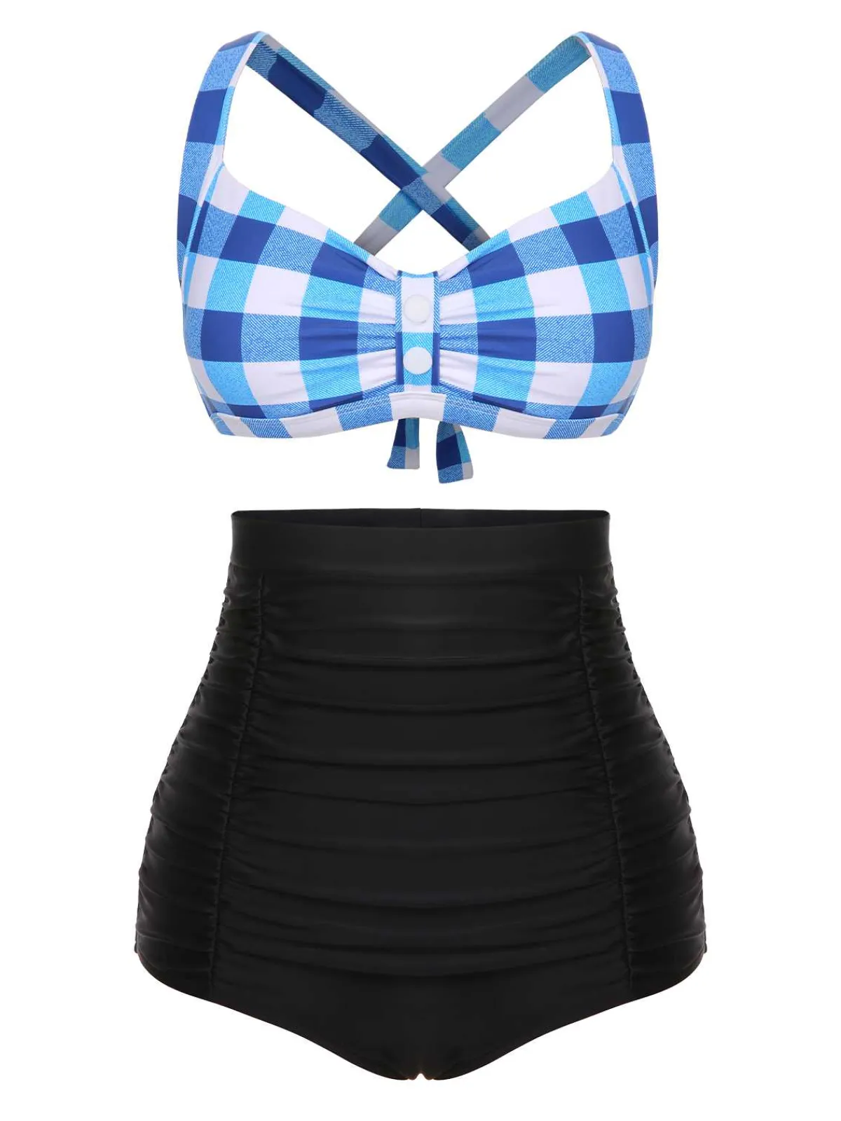 New Retro Stage 1950s Double Strap Buttoned Plaids Swimsuit