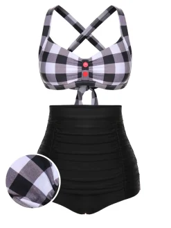 Discount Retro Stage 1950s Double Strap Buttoned Plaids Swimsuit