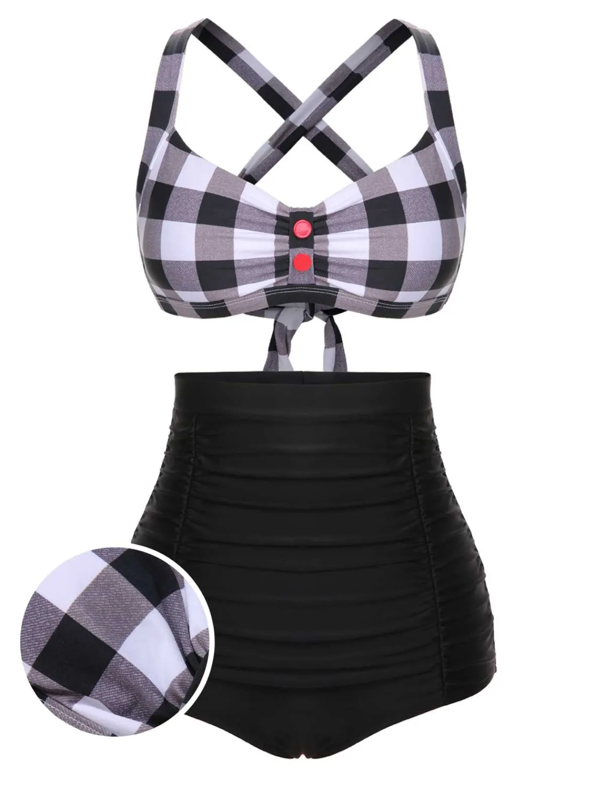 Discount Retro Stage 1950s Double Strap Buttoned Plaids Swimsuit