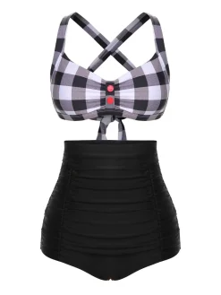 Discount Retro Stage 1950s Double Strap Buttoned Plaids Swimsuit