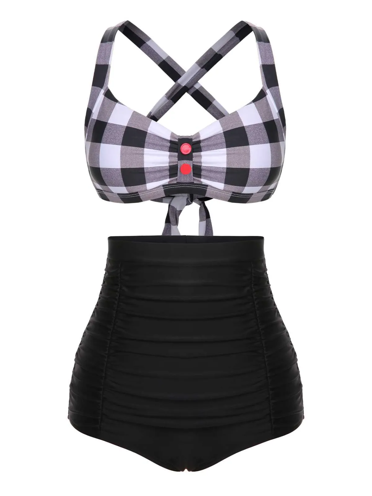 Discount Retro Stage 1950s Double Strap Buttoned Plaids Swimsuit