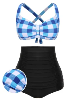 Discount Retro Stage 1950s Double Strap Buttoned Plaids Swimsuit