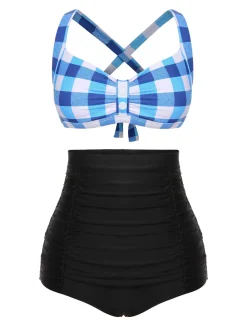 Discount Retro Stage 1950s Double Strap Buttoned Plaids Swimsuit