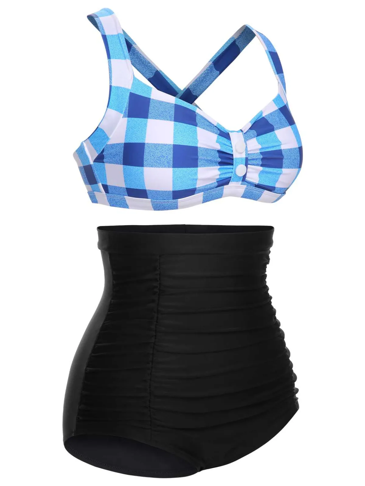 Discount Retro Stage 1950s Double Strap Buttoned Plaids Swimsuit