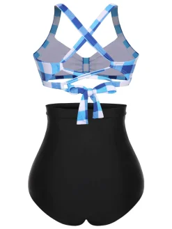 Discount Retro Stage 1950s Double Strap Buttoned Plaids Swimsuit