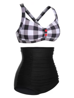 Discount Retro Stage 1950s Double Strap Buttoned Plaids Swimsuit