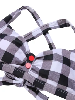 Discount Retro Stage 1950s Double Strap Buttoned Plaids Swimsuit