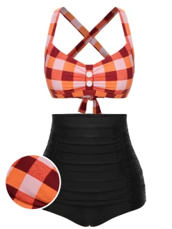 Discount Retro Stage 1950s Double Strap Buttoned Plaids Swimsuit