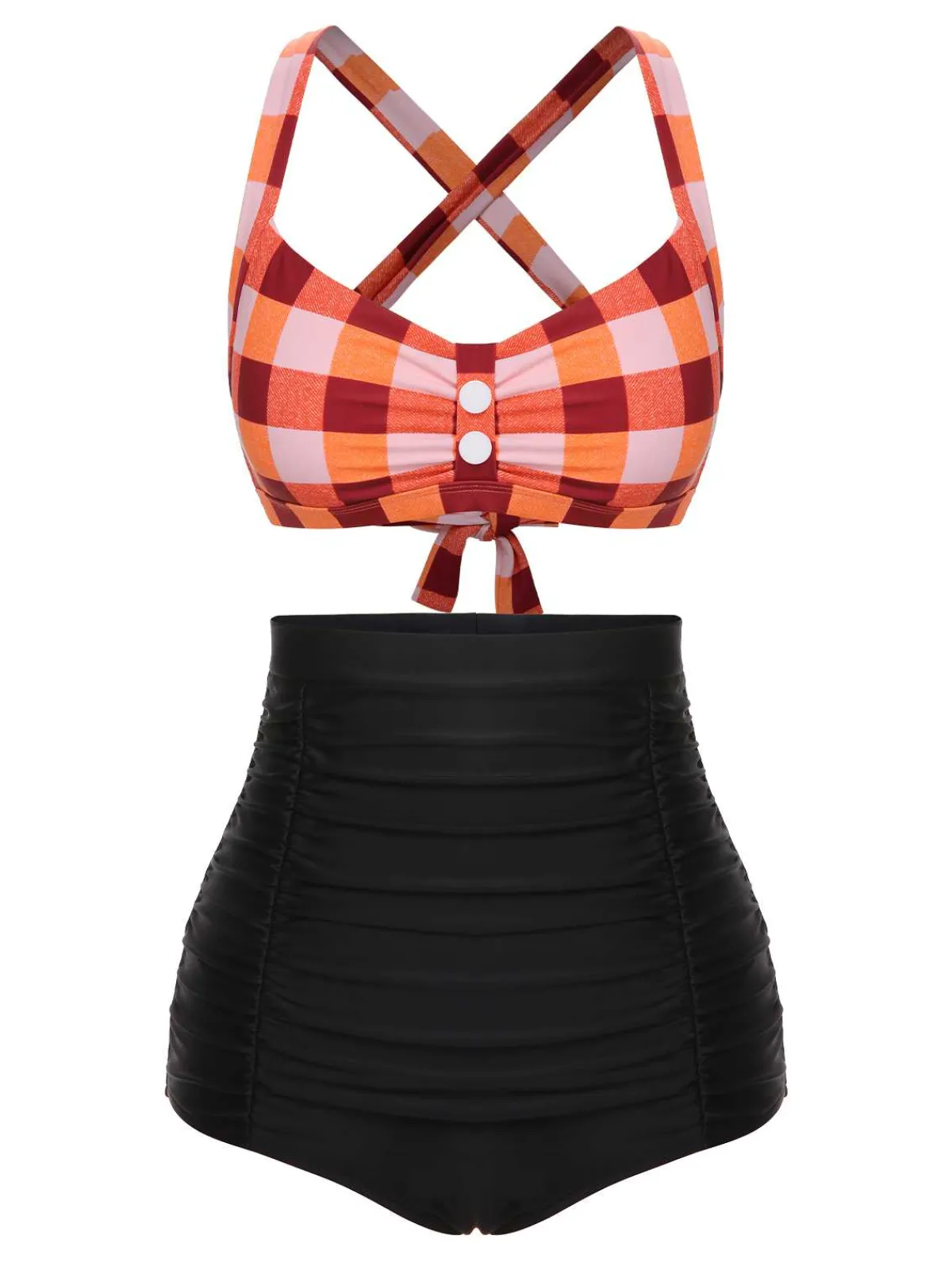 Discount Retro Stage 1950s Double Strap Buttoned Plaids Swimsuit