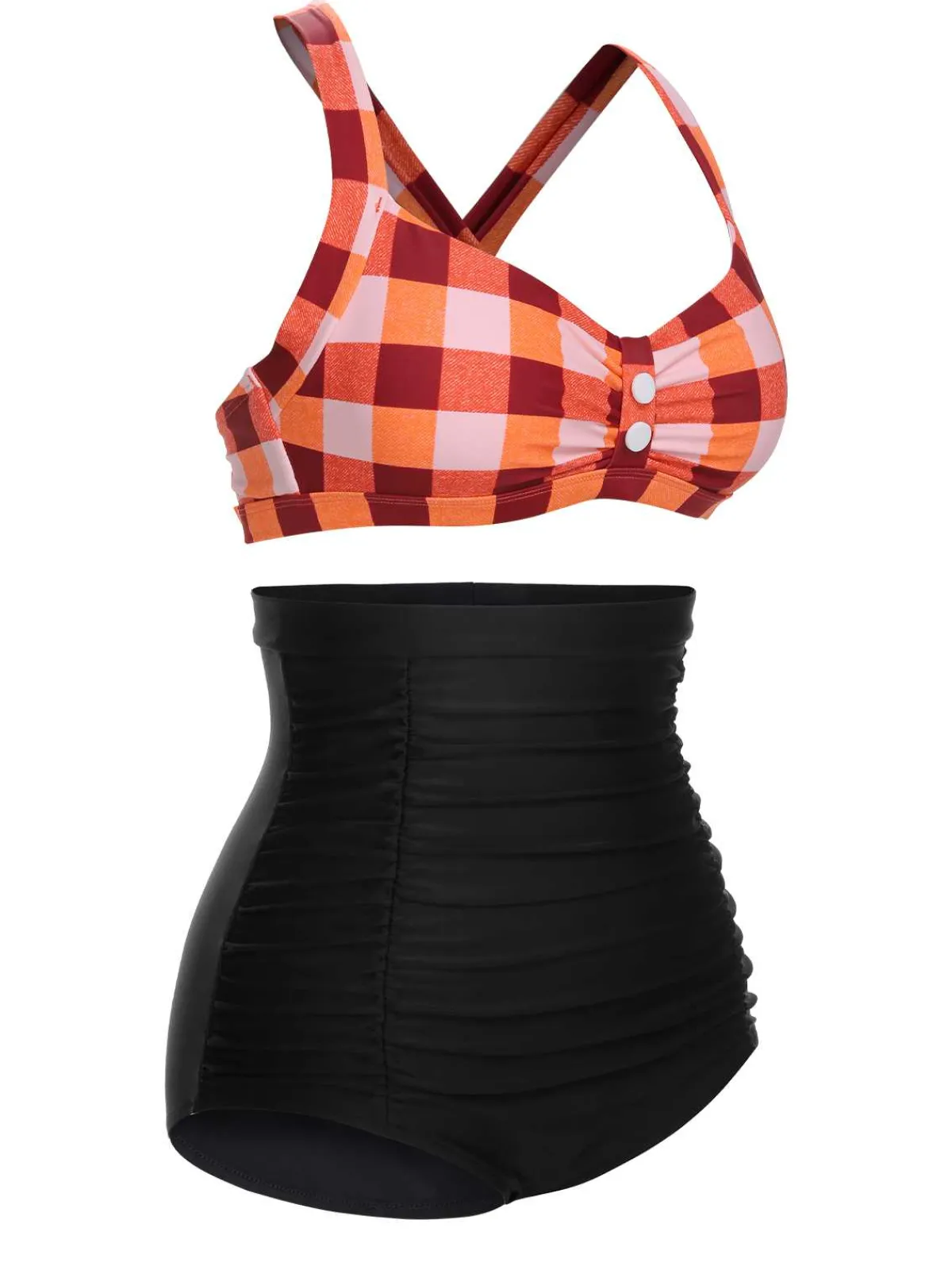 Discount Retro Stage 1950s Double Strap Buttoned Plaids Swimsuit
