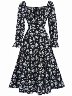 Sale Retro Stage 1940s Drawstring Slit Square Neck Floral Dress
