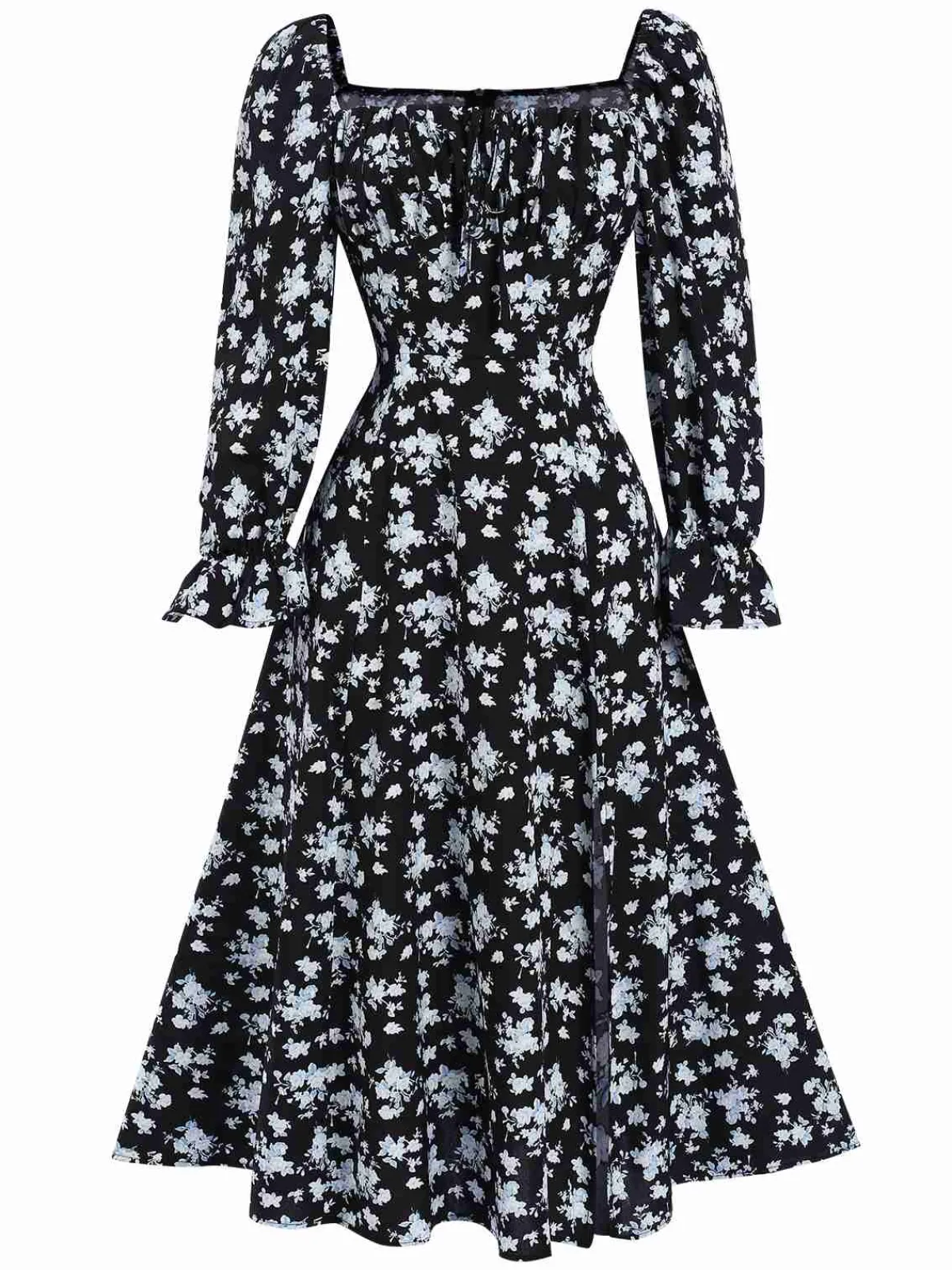 Sale Retro Stage 1940s Drawstring Slit Square Neck Floral Dress