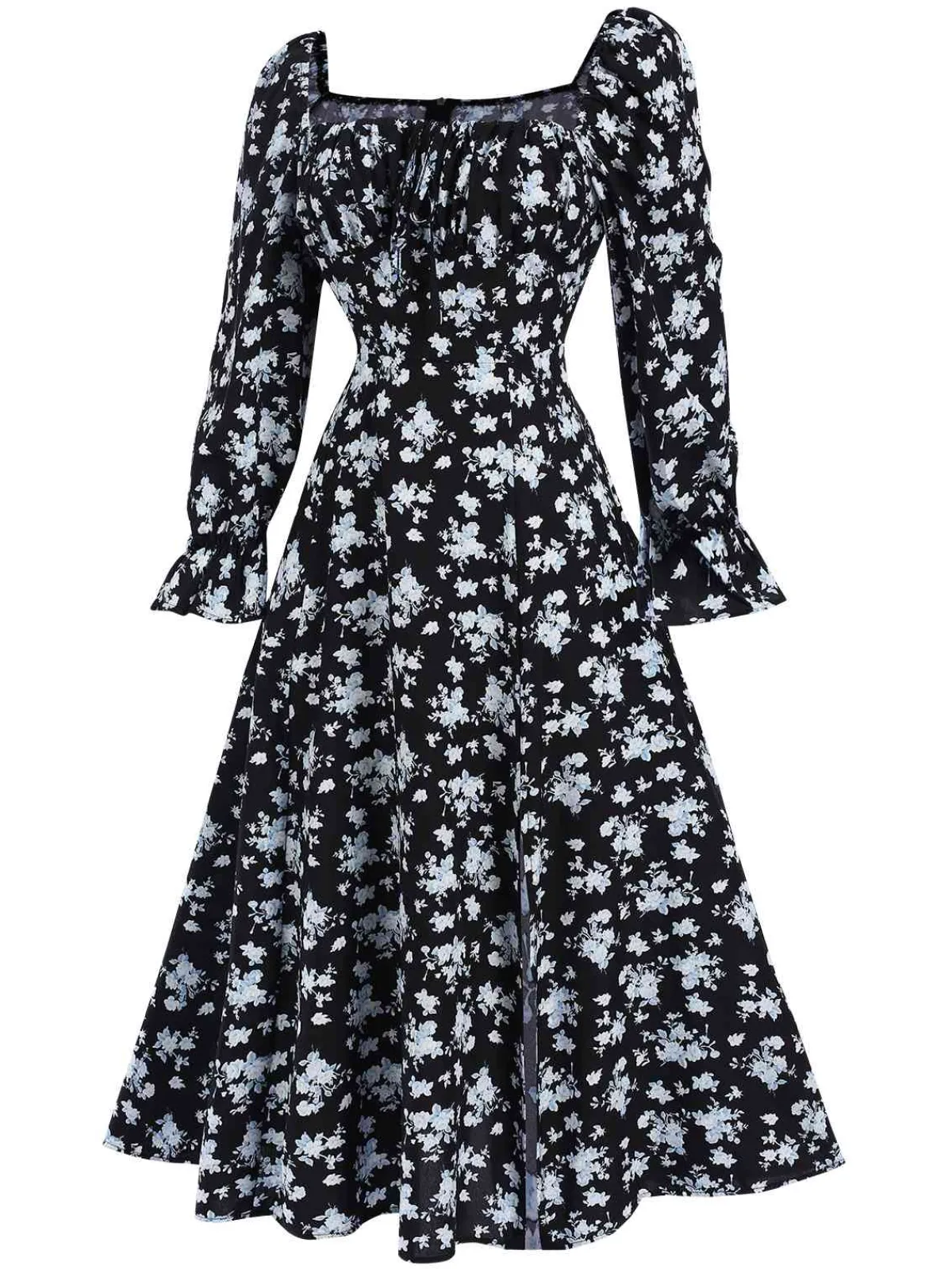 Sale Retro Stage 1940s Drawstring Slit Square Neck Floral Dress