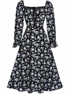 Sale Retro Stage 1940s Drawstring Slit Square Neck Floral Dress