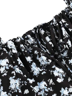 Sale Retro Stage 1940s Drawstring Slit Square Neck Floral Dress
