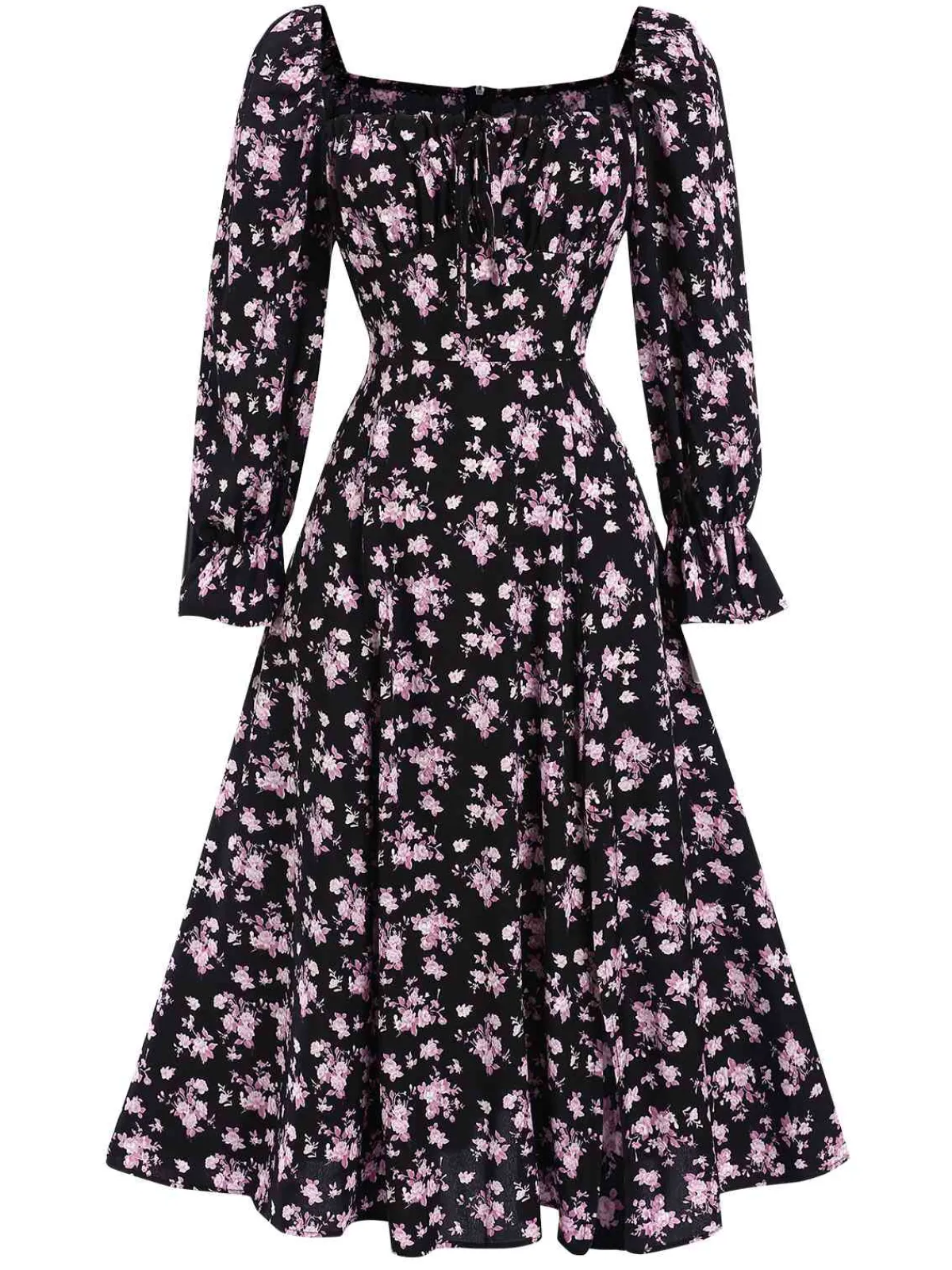 Sale Retro Stage 1940s Drawstring Slit Square Neck Floral Dress