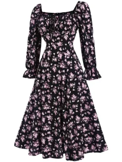 Sale Retro Stage 1940s Drawstring Slit Square Neck Floral Dress