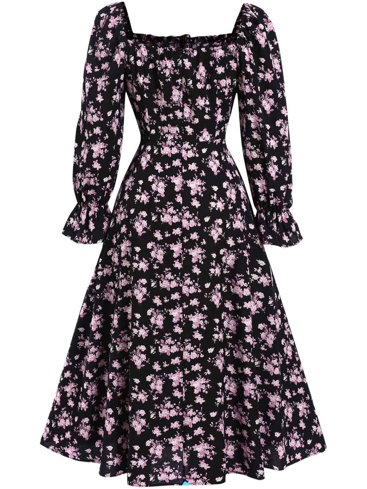 Sale Retro Stage 1940s Drawstring Slit Square Neck Floral Dress