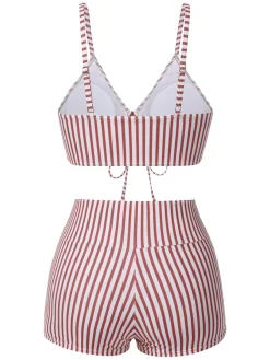 Discount Retro Stage 1930s Drawstring Straps Vertical Stripe Boxer Bikini