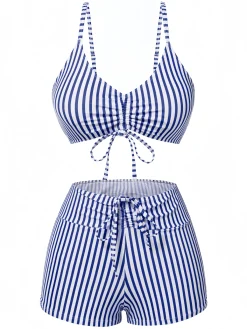 Discount Retro Stage 1930s Drawstring Straps Vertical Stripe Boxer Bikini