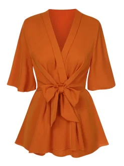 Clearance Retro Stage 1930s Elegant Short-Sleeved Tie Waist Blouse