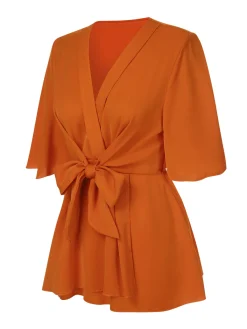 Clearance Retro Stage 1930s Elegant Short-Sleeved Tie Waist Blouse