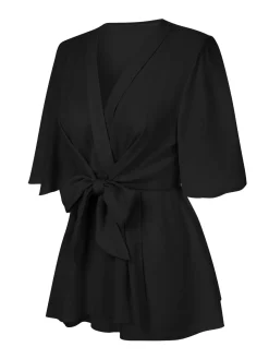 Clearance Retro Stage 1930s Elegant Short-Sleeved Tie Waist Blouse