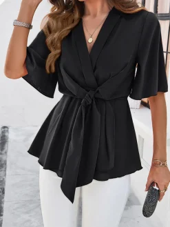 Clearance Retro Stage 1930s Elegant Short-Sleeved Tie Waist Blouse