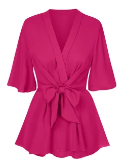 Clearance Retro Stage 1930s Elegant Short-Sleeved Tie Waist Blouse