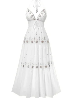 Best Retro Stage 1930s Embroidered Floral Deep V-Neck Textured Dress
