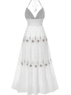 Best Retro Stage 1930s Embroidered Floral Deep V-Neck Textured Dress
