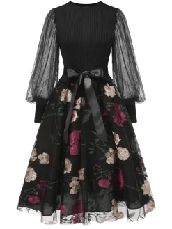 Clearance Retro Stage 1950s Embroidered Floral Mesh Patchwork Dress