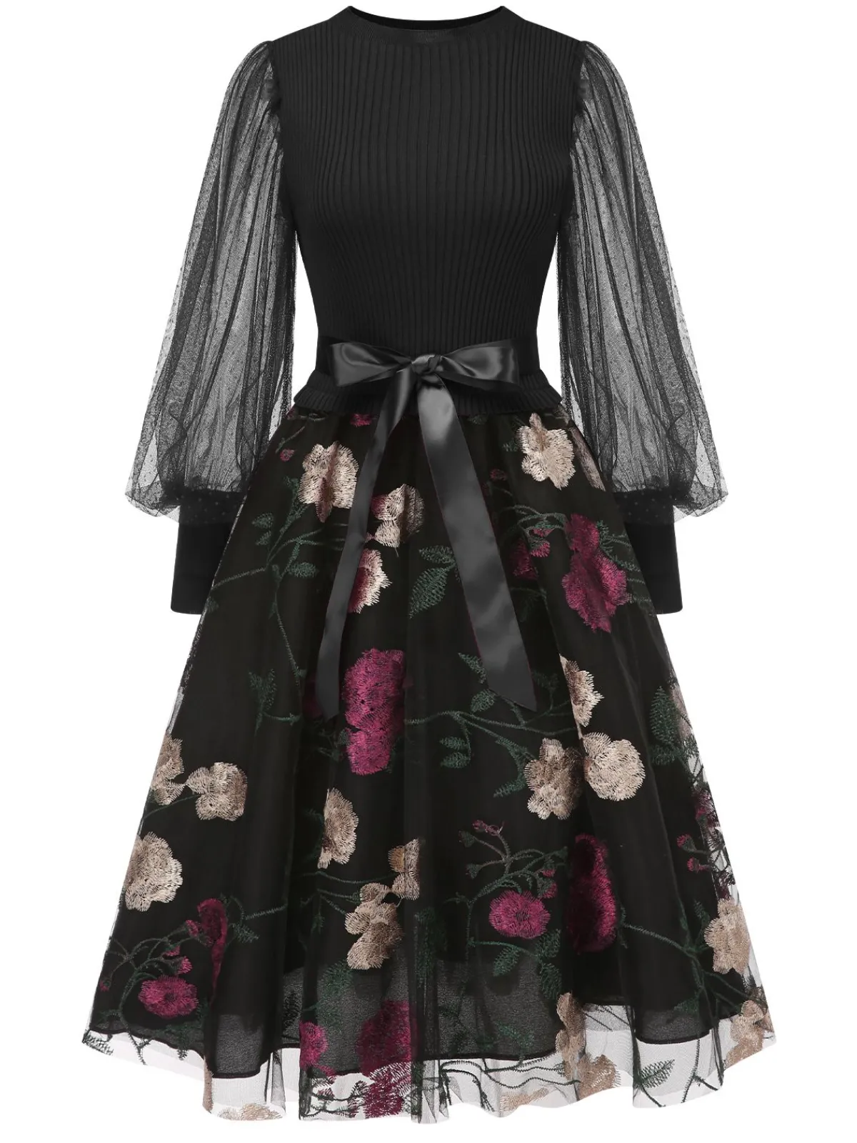 Clearance Retro Stage 1950s Embroidered Floral Mesh Patchwork Dress