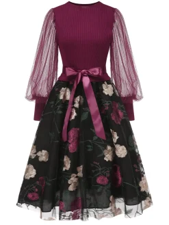 Clearance Retro Stage 1950s Embroidered Floral Mesh Patchwork Dress