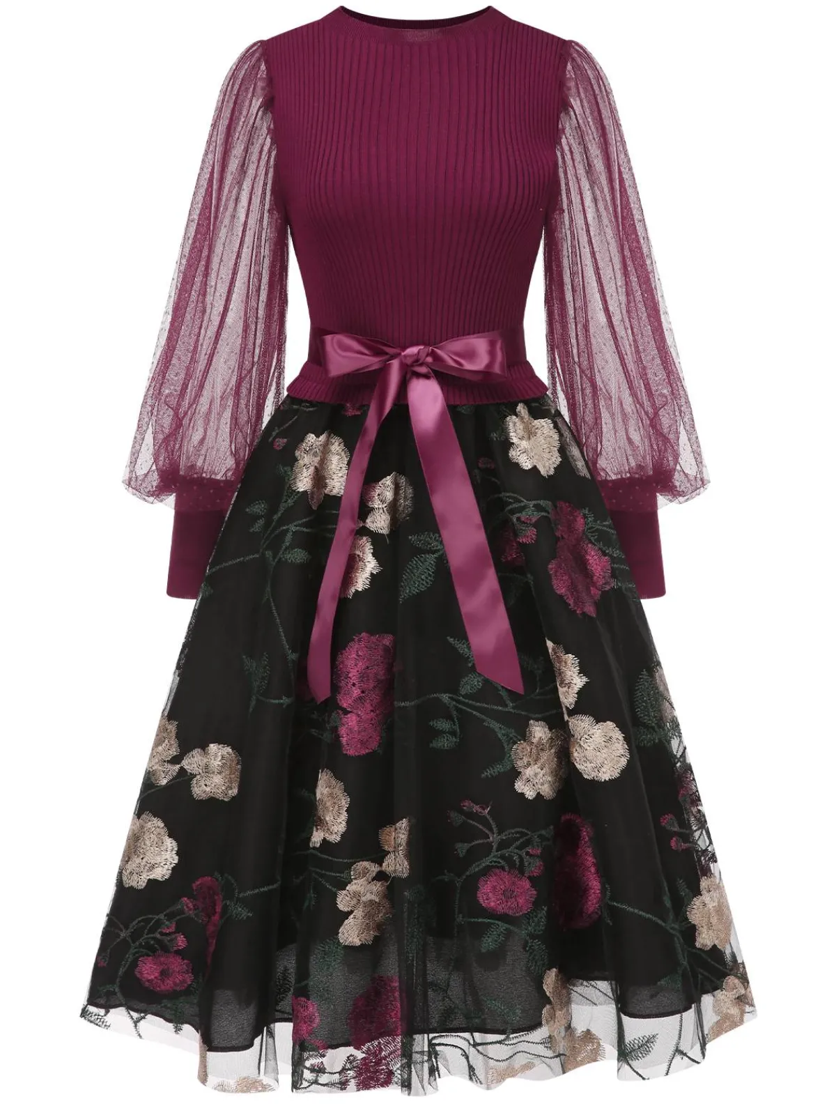 Clearance Retro Stage 1950s Embroidered Floral Mesh Patchwork Dress