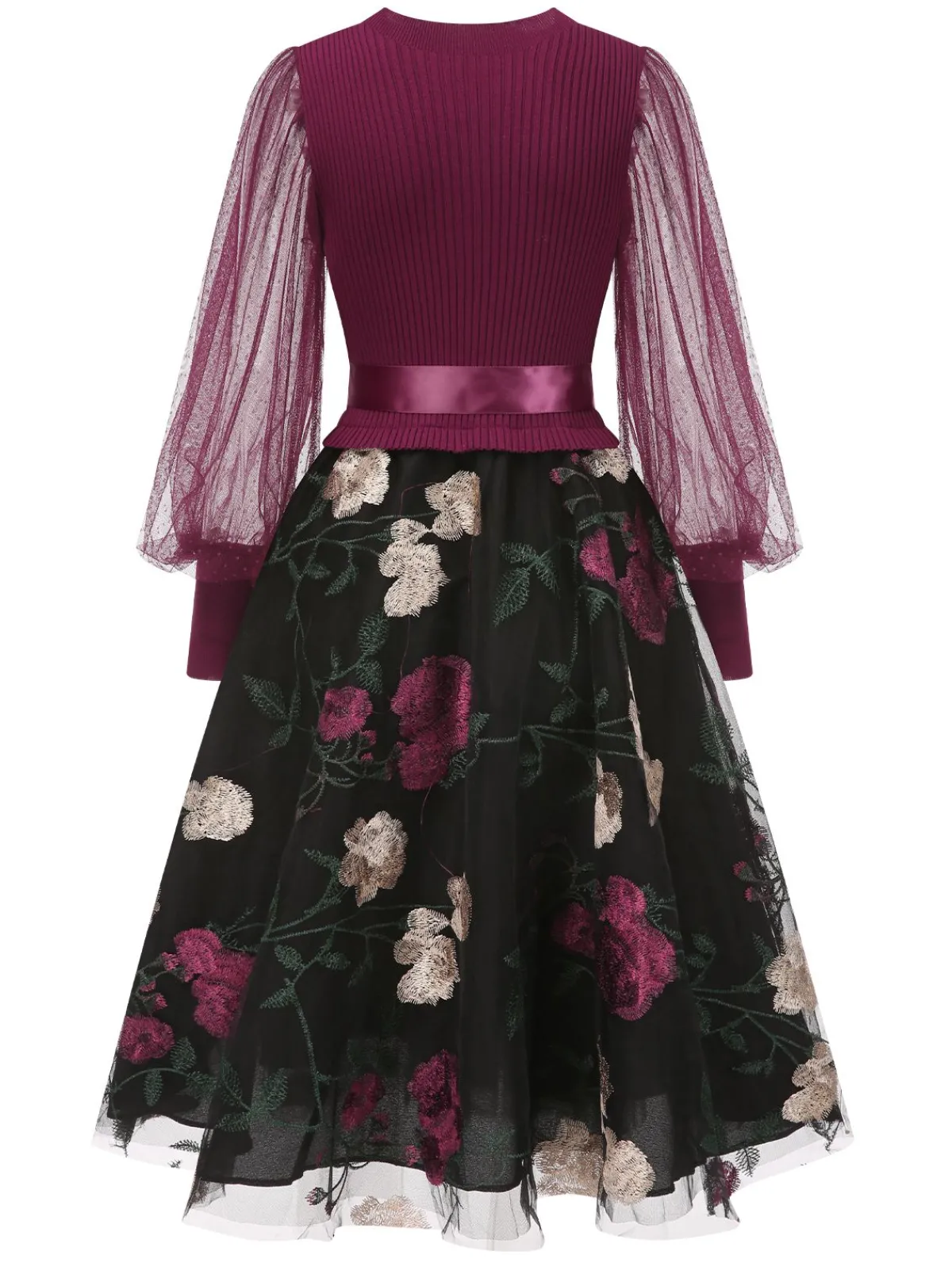 Clearance Retro Stage 1950s Embroidered Floral Mesh Patchwork Dress