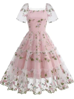 Online Retro Stage 1950s Embroidered Flowers Mesh Puff Sleeve Dress