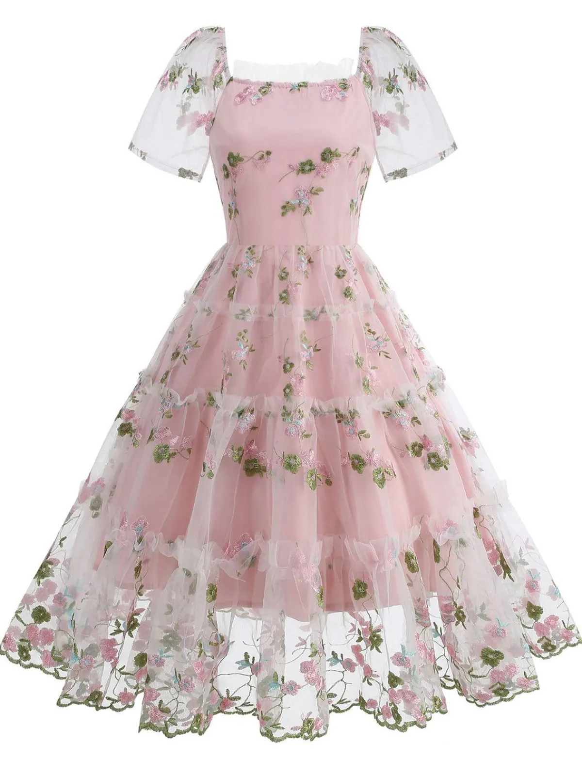 Online Retro Stage 1950s Embroidered Flowers Mesh Puff Sleeve Dress