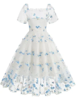 Online Retro Stage 1950s Embroidered Flowers Mesh Puff Sleeve Dress