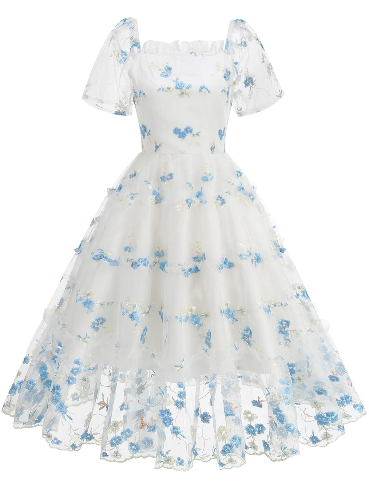 Online Retro Stage 1950s Embroidered Flowers Mesh Puff Sleeve Dress