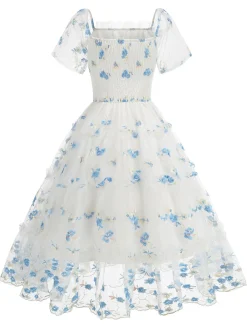 Online Retro Stage 1950s Embroidered Flowers Mesh Puff Sleeve Dress