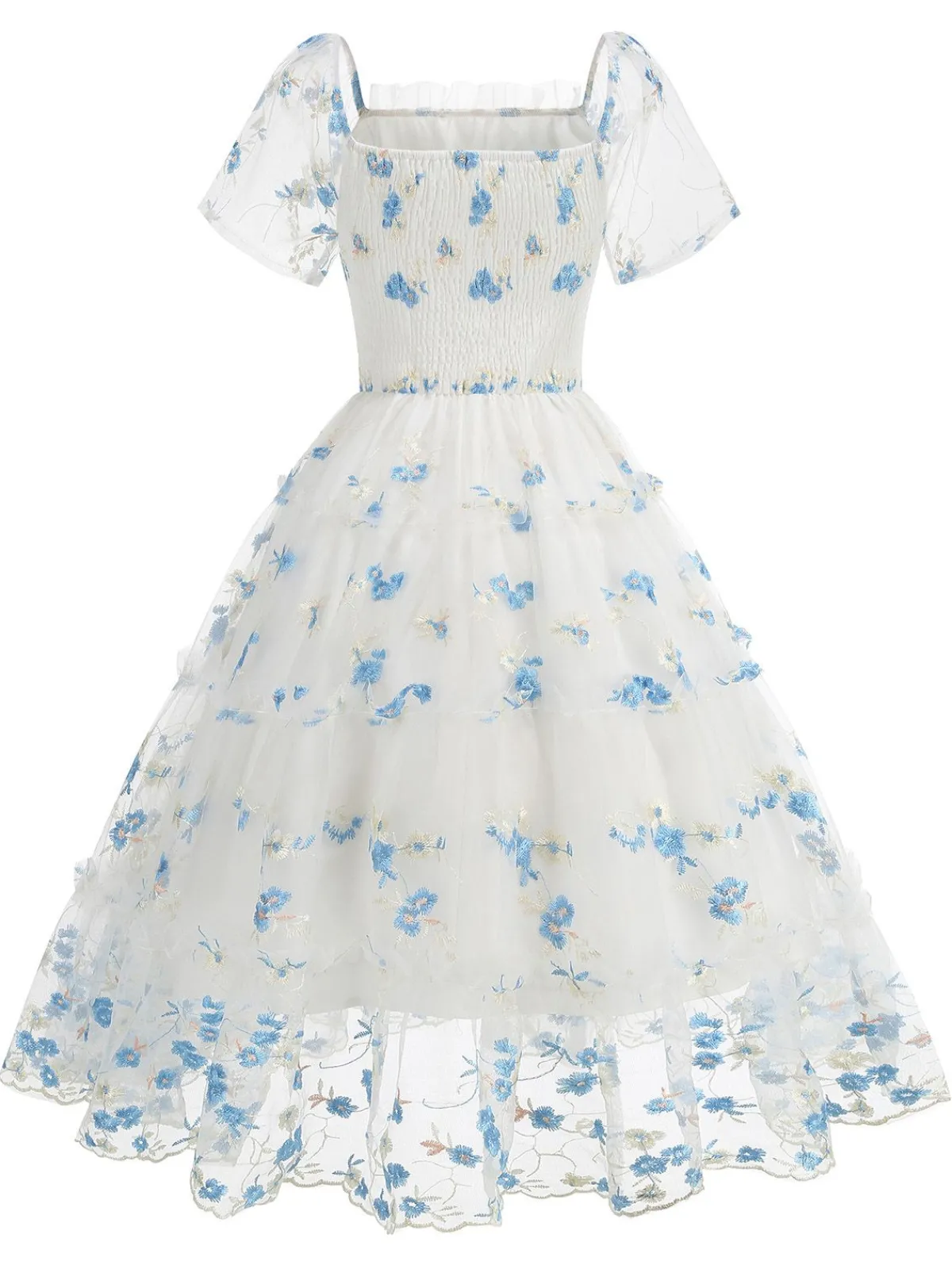 Online Retro Stage 1950s Embroidered Flowers Mesh Puff Sleeve Dress