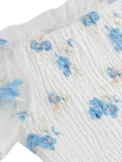 Online Retro Stage 1950s Embroidered Flowers Mesh Puff Sleeve Dress