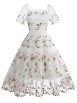 Online Retro Stage 1950s Embroidered Flowers Mesh Puff Sleeve Dress
