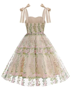 Discount Retro Stage 1950s Embroidered Mesh Lace-Up Sweetheart Neck Dress