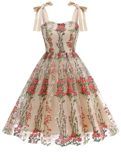 Discount Retro Stage 1950s Embroidered Mesh Lace-Up Sweetheart Neck Dress