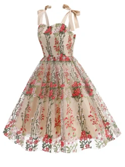 Discount Retro Stage 1950s Embroidered Mesh Lace-Up Sweetheart Neck Dress